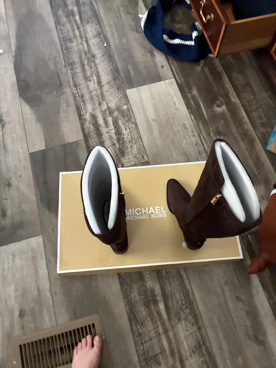 Michael Kors Dark Brown Suede Over-the-Knee Boots with Gold-Tone Zip - Picture 7 of 7